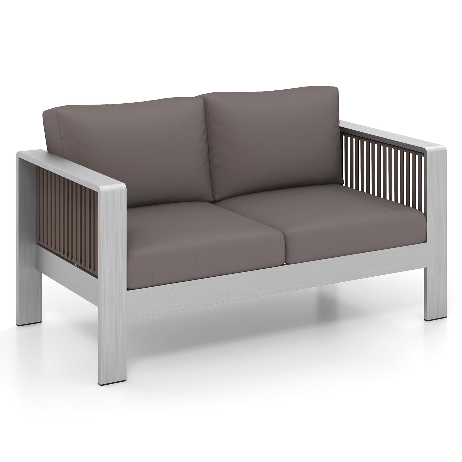 Canapé deux places en aluminium pour patio Tangkula, ensemble de meubles d'extérieur avec coussins épais pour le dossier et l'assise (gris)